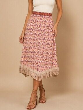 NKN Nekane Boho Floral Fringe Midi Skirt - Pink/Cream